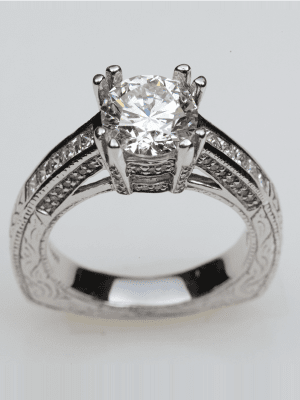 Square Shank Engraved Engagement Ring