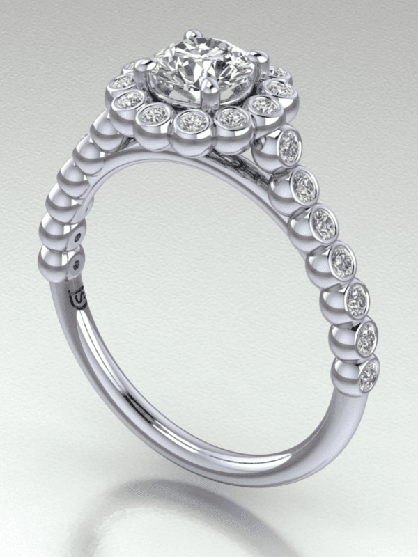 Halo Cathedral Engagement Ring with Bezel Set Diamonds