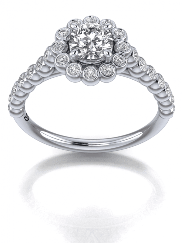 Halo Cathedral Engagement Ring with Bezel Set Diamonds