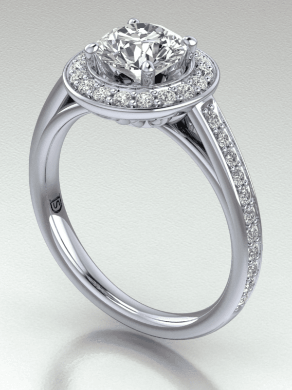 Round Halo Cathedral Engagement Ring with Chanel Set Diamonds