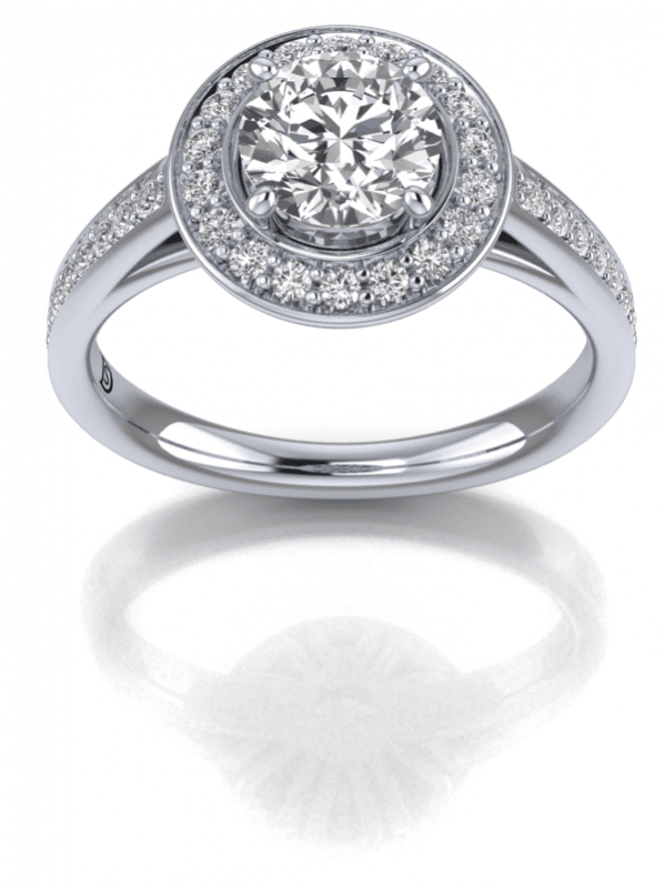 Round Halo Cathedral Engagement Ring with Chanel Set Diamonds