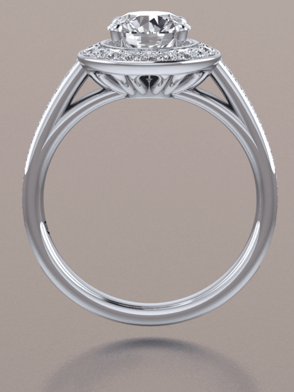 Round Halo Cathedral Engagement Ring with Chanel Set Diamonds