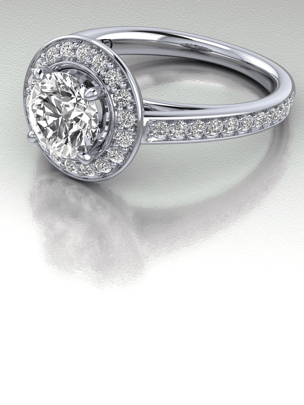 Round Halo Cathedral Engagement Ring with Chanel Set Diamonds